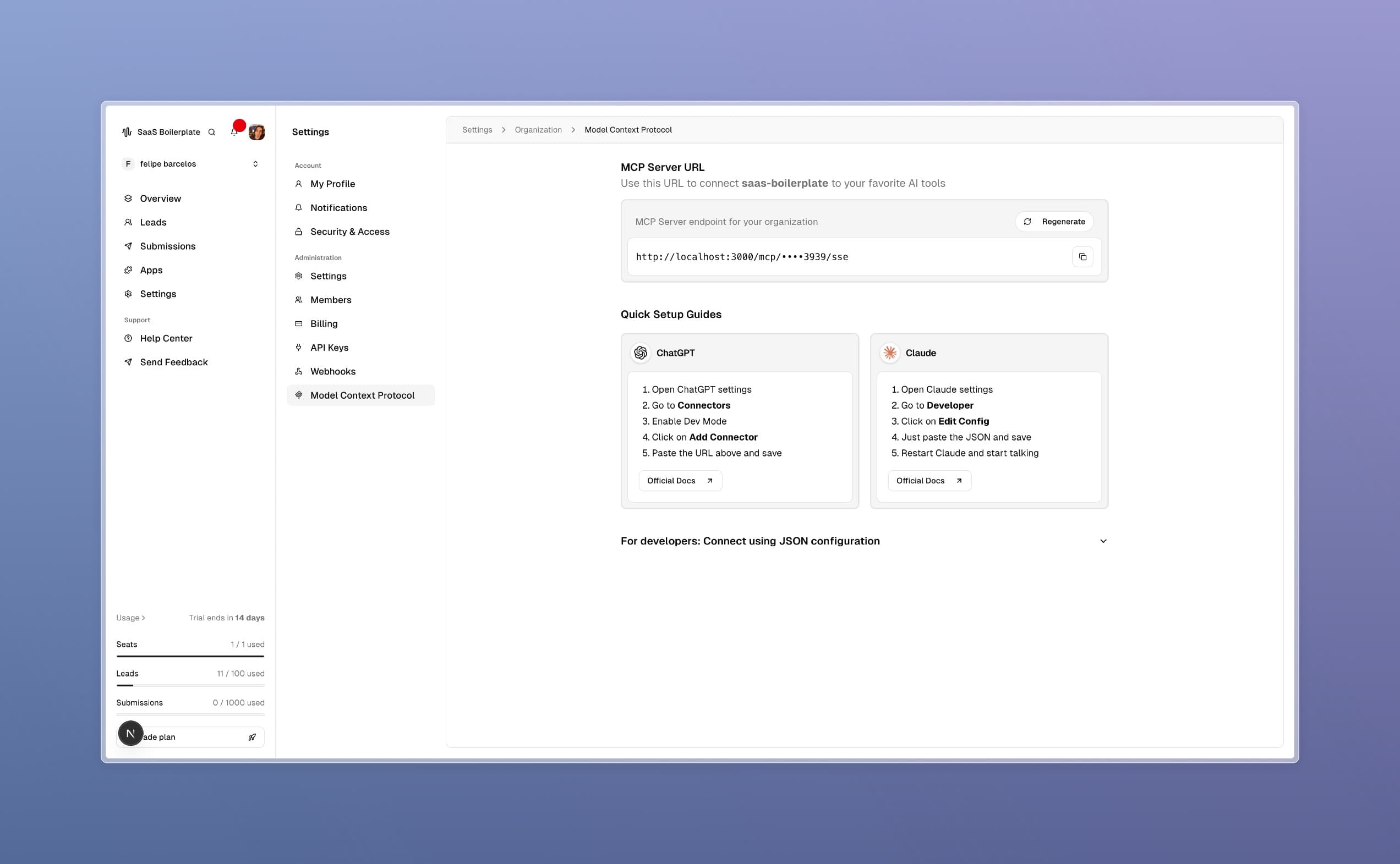 Página de configuração de conexões externas.