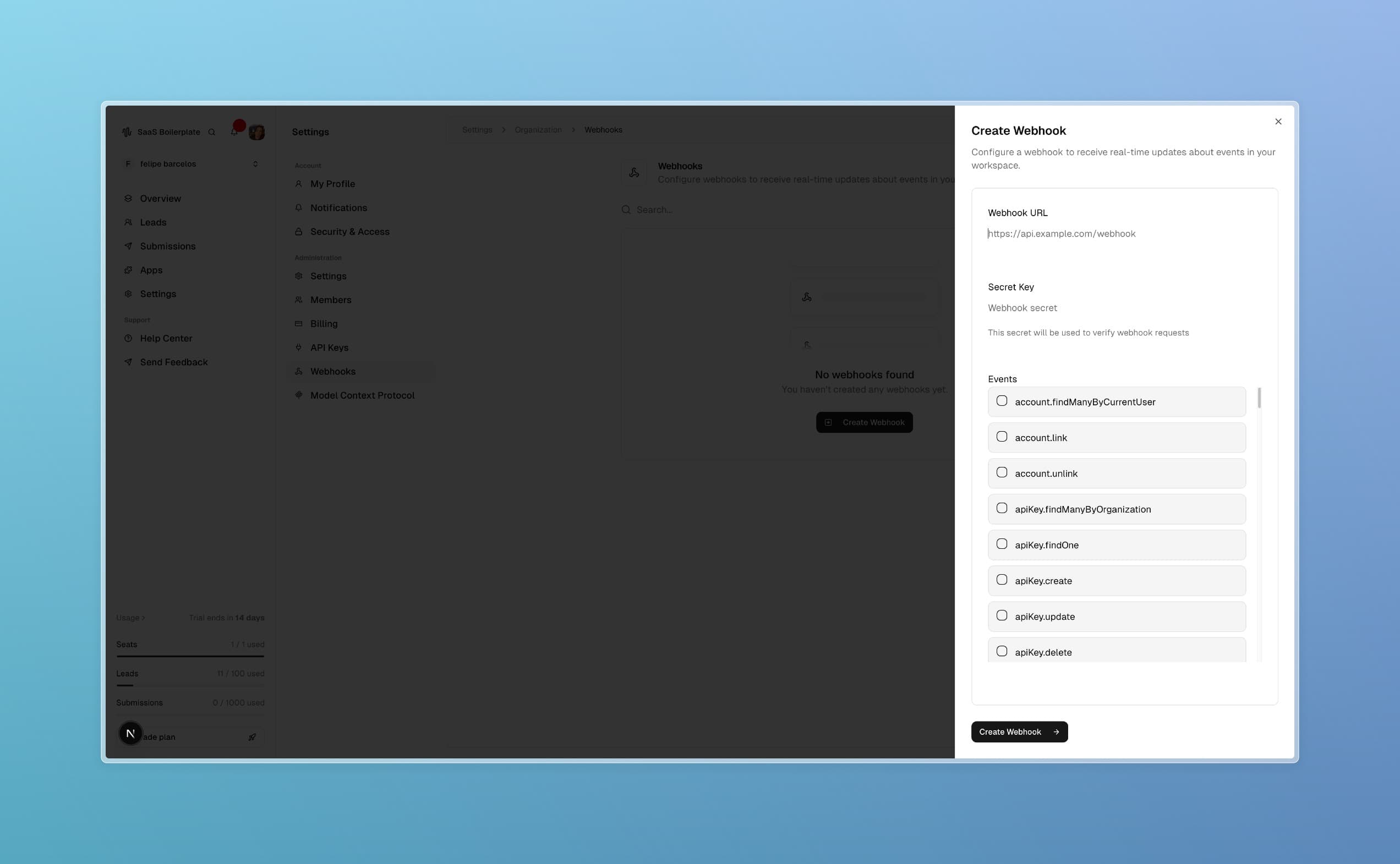 Página de webhooks.