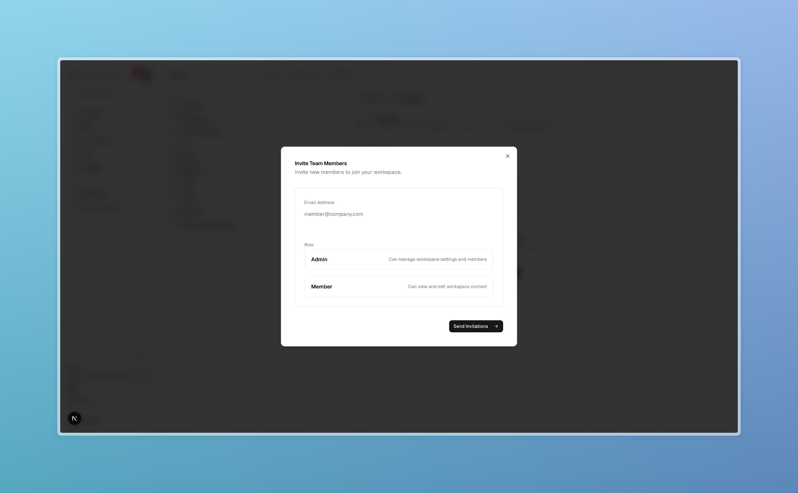 Tela de membros da organização.