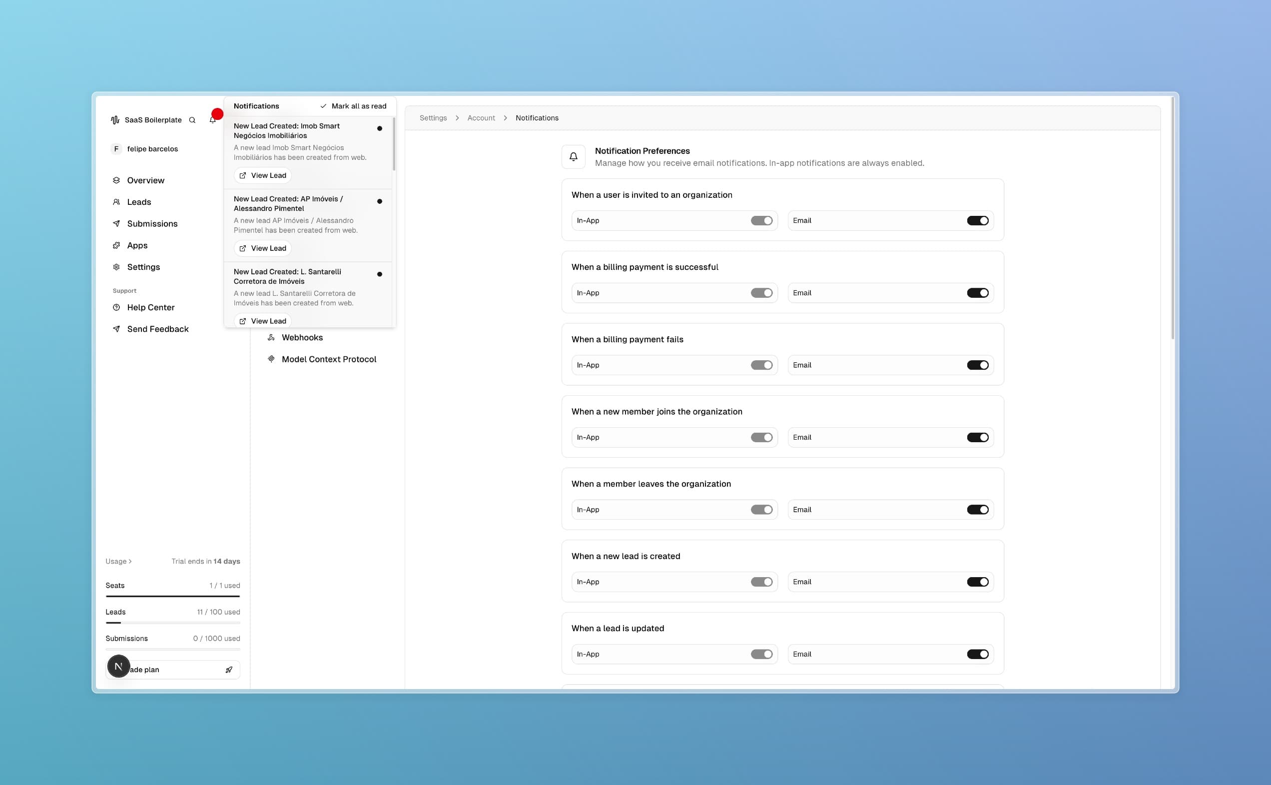 Página de notificações.