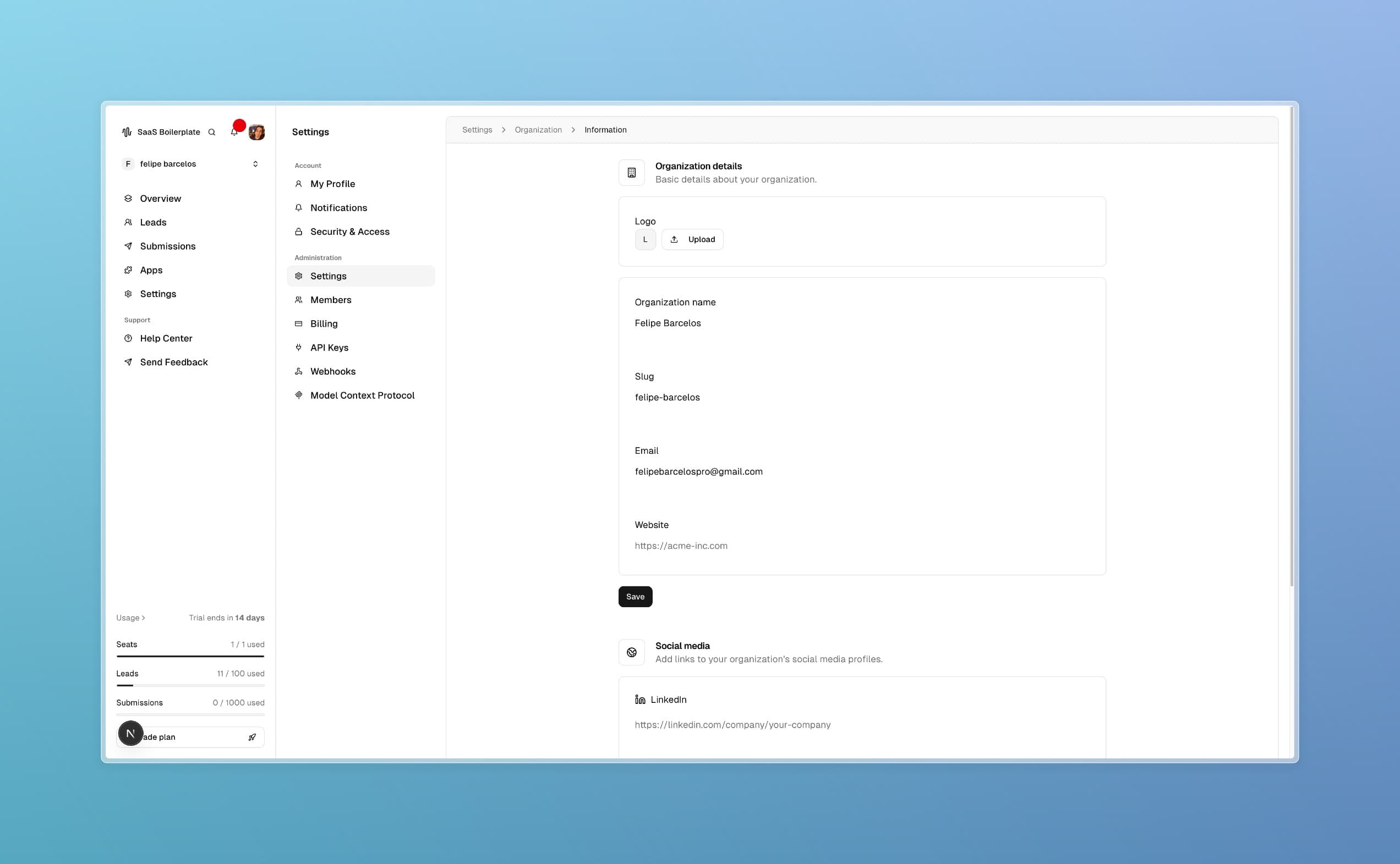 Página de informações da organização.